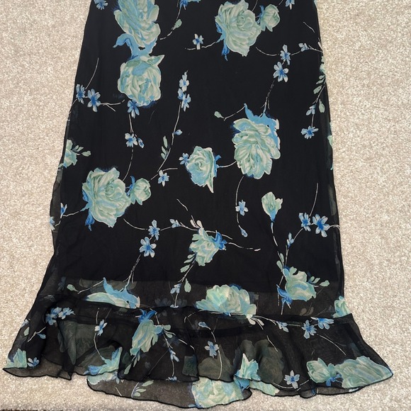 Vintage Floral V-Neck Midi Dress Black Blue Ruffle Hem Sleeveless Made in USA - Picture 2 of 8